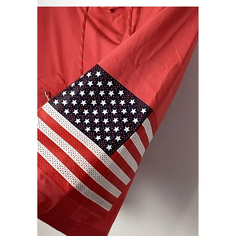 Columbia PFG Fish Series USA Flag Board Shorts Sz 36 Red Omni-Wick Bottle Opener